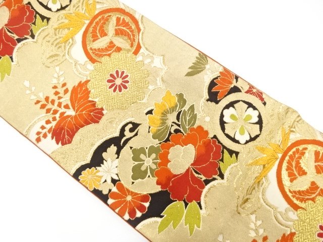 JAPANESE KIMONO / ANTIQUE FUKURO OBI / SILK / WOVEN PEONY & KIKU